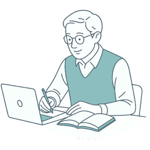 大学教員が書籍やパソコンを参照しながらノートに執筆する様子のイラスト。学術書出版支援や講義資料制作を行う文献ラボの出版事業を表現。