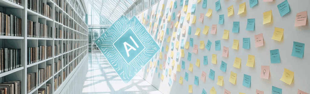 本棚、AIチップ、付箋が並ぶ構成で、AI・RAG技術によって文献から知識やアイデアを創出する仕組みを表現したイラスト。