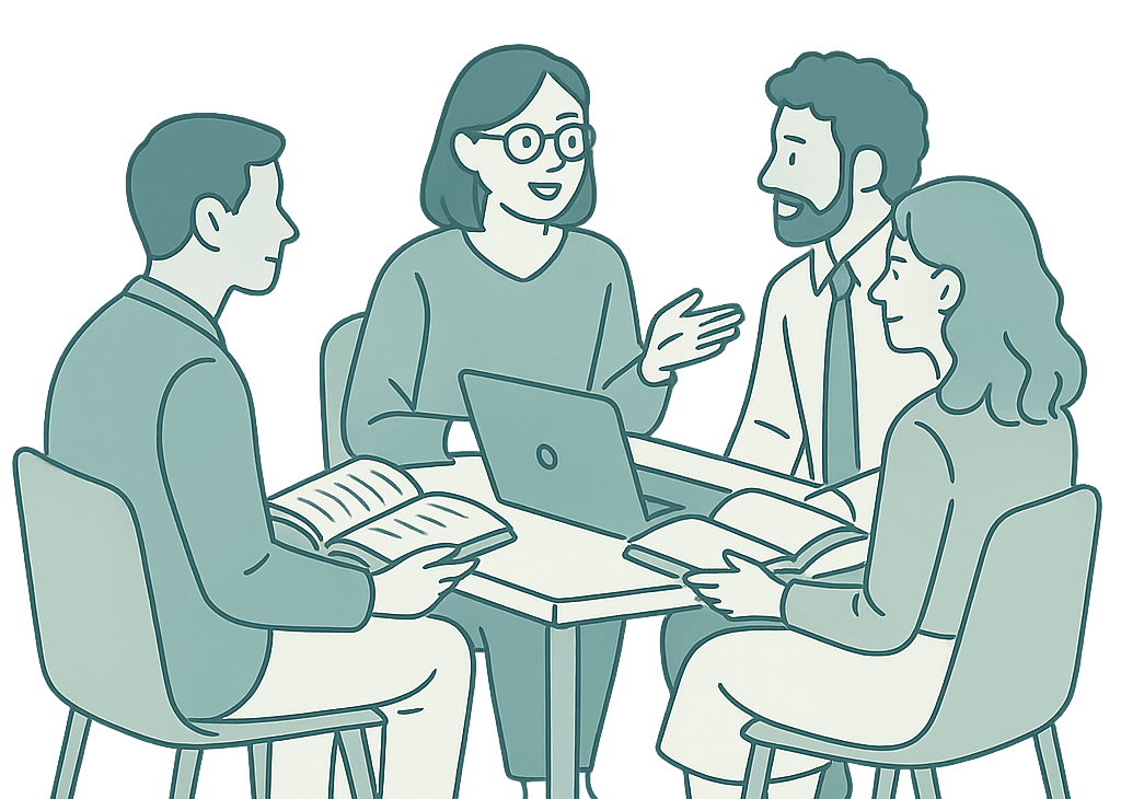 多様な人々が円卓で読書をしながら会話する様子のイラスト。学びと対話の場としての読書会を表現。
