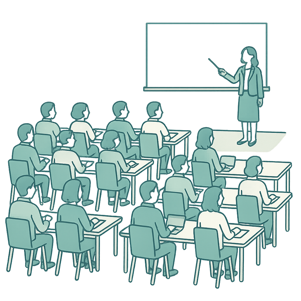 A classroom with about 20 working adults studying at their desks, with a female instructor pointing at the front.